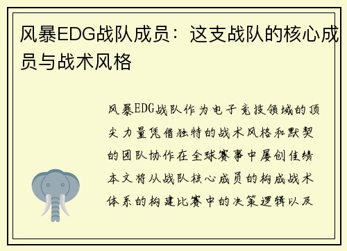 风暴EDG战队成员：这支战队的核心成员与战术风格