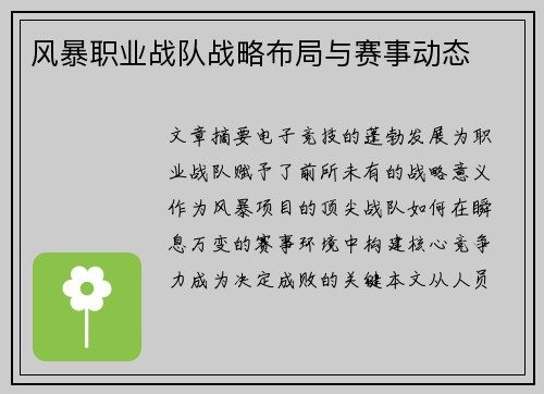 风暴职业战队战略布局与赛事动态